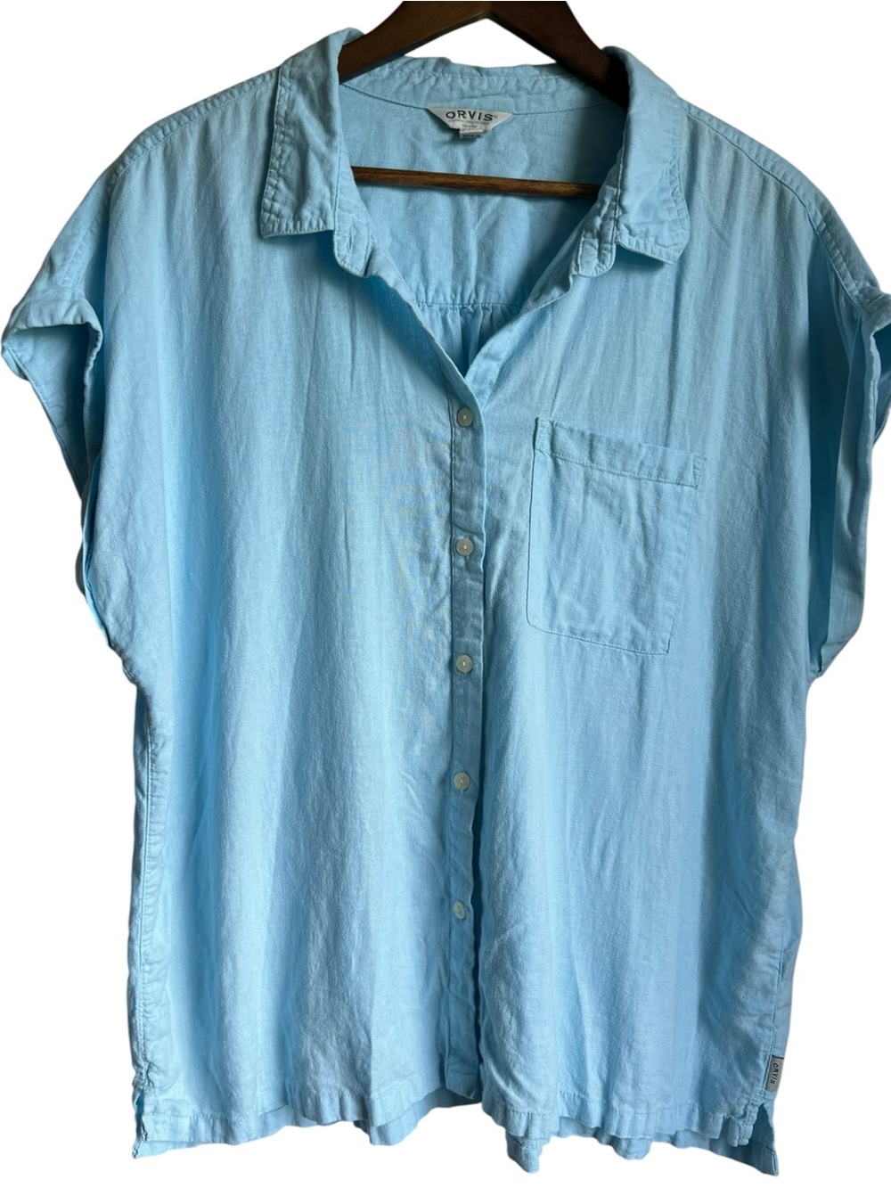 Orvis Top Womens XL Blue Linen‎ Blend Beach Boxy Camp Shirt Coastal Vacation